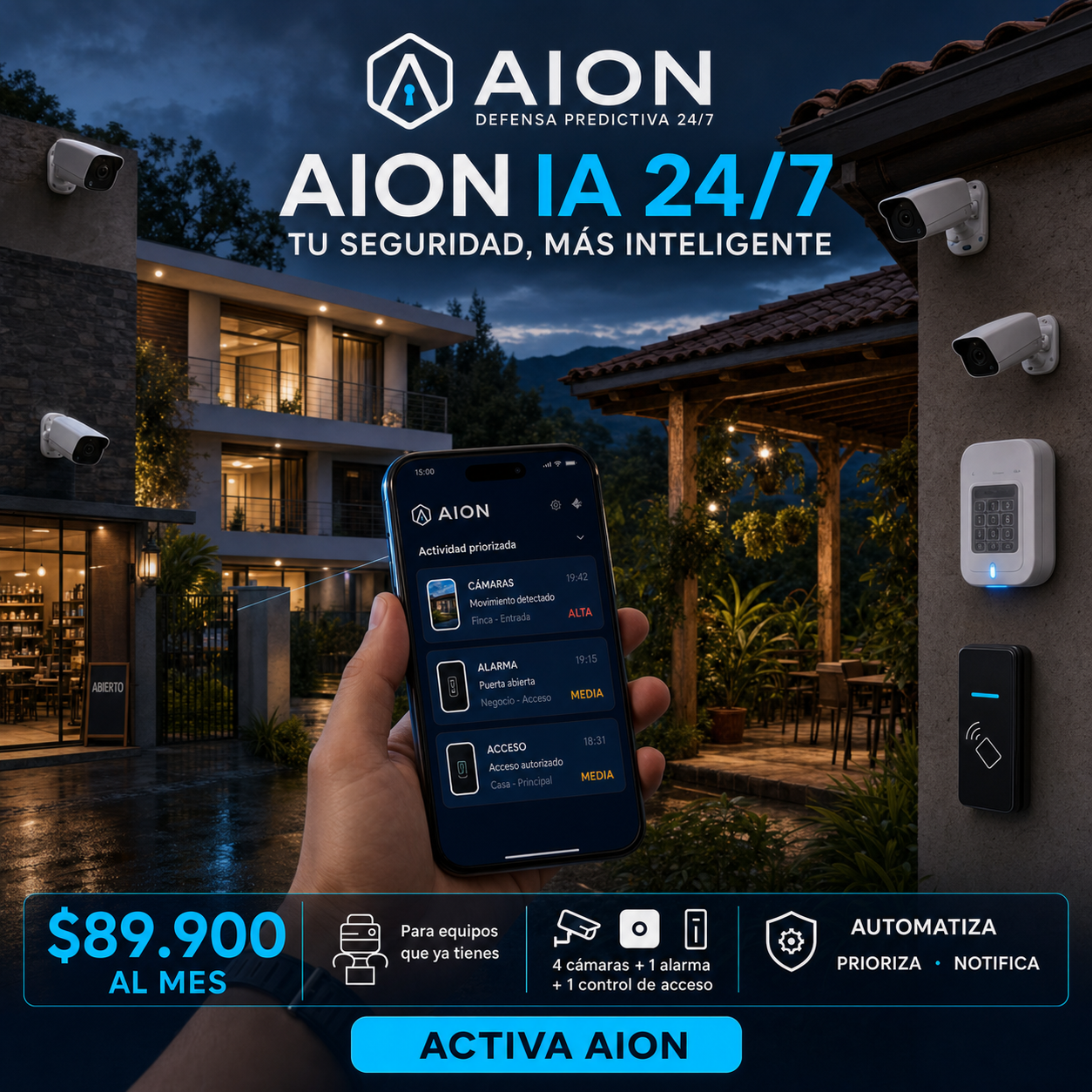 Aplicación AION IA 24/7 en un teléfono conectando cuatro cámaras, alarma y acceso existentes de una propiedad